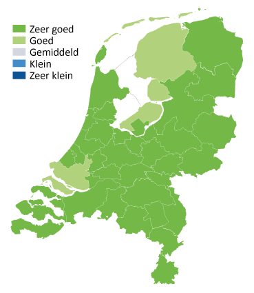 Kaart van Nederland met kleurtjes kans op werk in de detailhandel