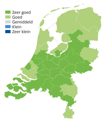 Kaart van Nederland met kleurtjes kans op werk in de beveiliging