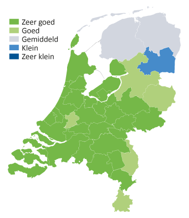 Kaart van Nederland met kleurtjes kans op werk in de GWW