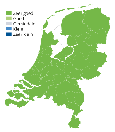 Kaart van Nederland met kleurtjes kans op werk in de horeca