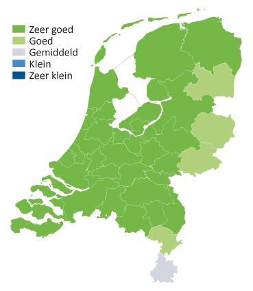 Kaart van Nederland met kleurtjes kans op werk in de kinderopvang