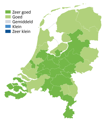 Kaart van Nederland met kleurtjes kans op werk in de klantenservice