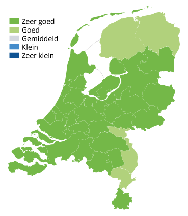 Kaart van Nederland met kleurtjes kans op werk in het onderwijs